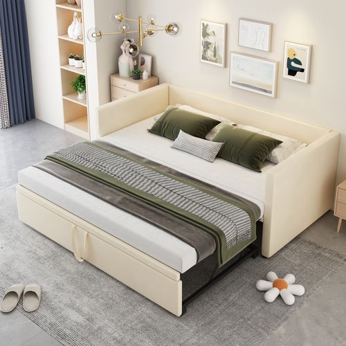Lit Gigogne 90/180x200 - Multifonction - Rangement - Convertible Pour Chambre D’amis - Velours Beige