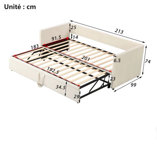 Lit Gigogne 90/180x200 - Multifonction - Rangement - Convertible Pour Chambre D’amis - Velours Beige