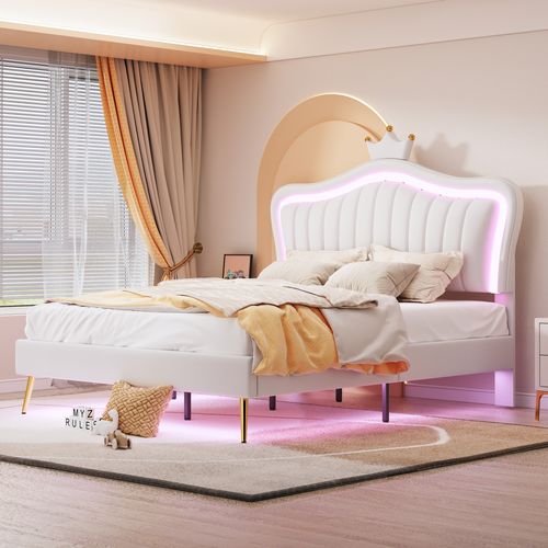 Lit Double 140x200 Cm - Lit Enfant Capitonné Avec Cadre Pu Et LED Intégré - Blanc