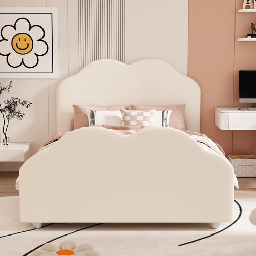 Lit Enfant 90x200 Cm - Lit Simple Avec Design Nuage, Structure Rembourrée En Velours - Beige