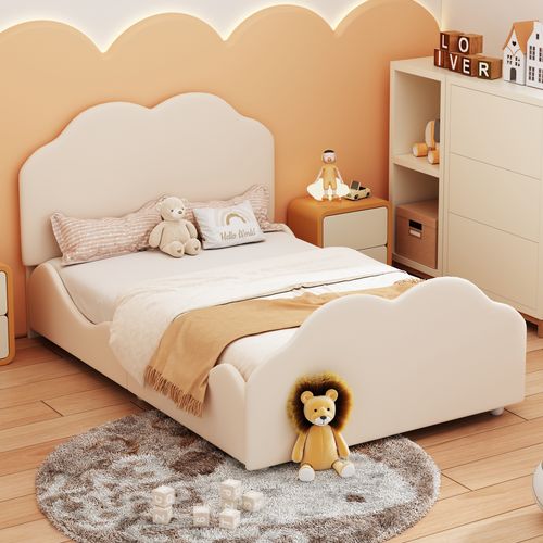 Lit Enfant 90x200 Cm - Lit Simple Avec Design Nuage, Structure Rembourrée En Velours - Beige