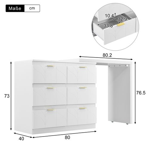 Coiffeuse, Table Maquillage Plateau Pivotant 180° 6 Tiroirs, Style Moderne Détails Dorés