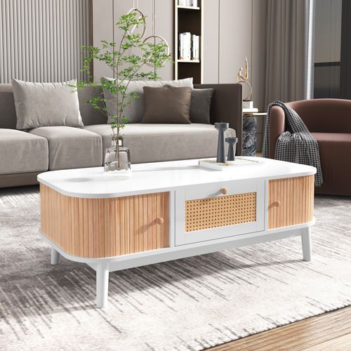 Table Basse Blanche Avec Tiroirs En Rotin Et Portes Coulissantes, Bois Massif, 110×55×38,5 Cm