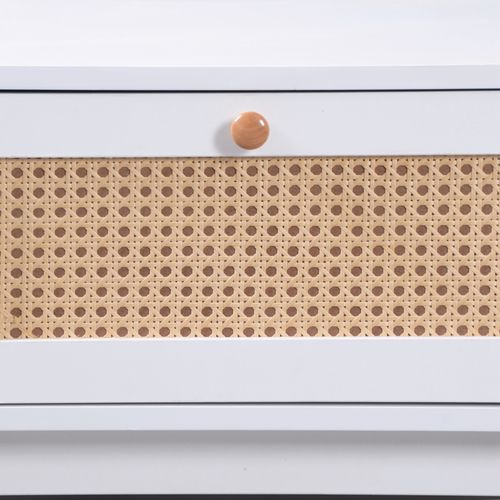 Table Basse Blanche Avec Tiroirs En Rotin Et Portes Coulissantes, Bois Massif, 110×55×38,5 Cm