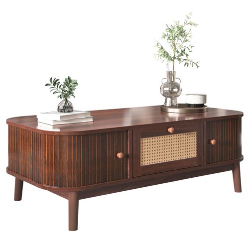 Table Basse Avec Tiroirs Et Portes Coulissantes En Rotin, Bois Massif, 110×55×38,5 Cm, Marron