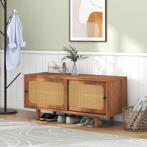 Meuble à Chaussures Avec Portes Effet Rotin Et Tablettes Réglables, Style Naturel, Naturel