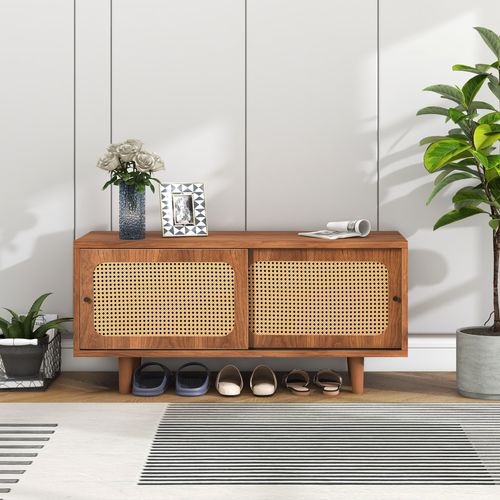 Meuble à Chaussures Avec Portes Effet Rotin Et Tablettes Réglables, Style Naturel, Naturel