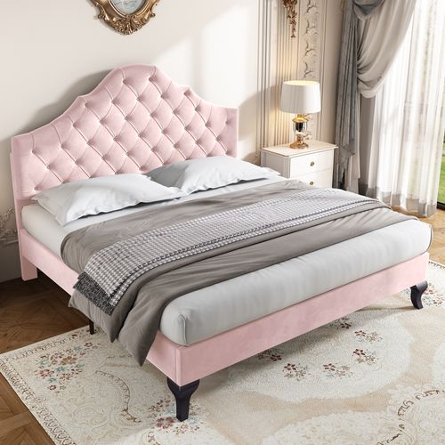 Lit Double 140x200 Cm - Lit Capitonné - Velours - Tête De Lit Ajustable - Rose