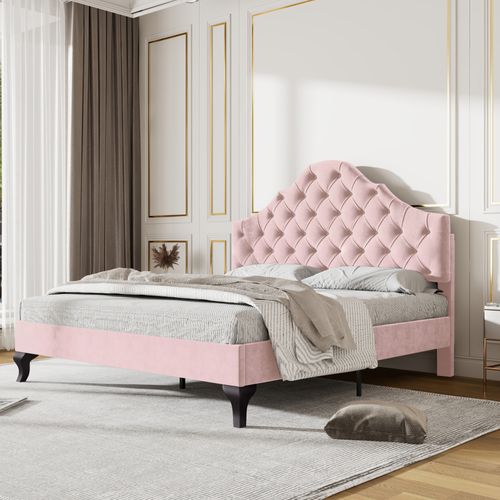 Lit Double 140x200 Cm - Lit Capitonné - Velours - Tête De Lit Ajustable - Rose