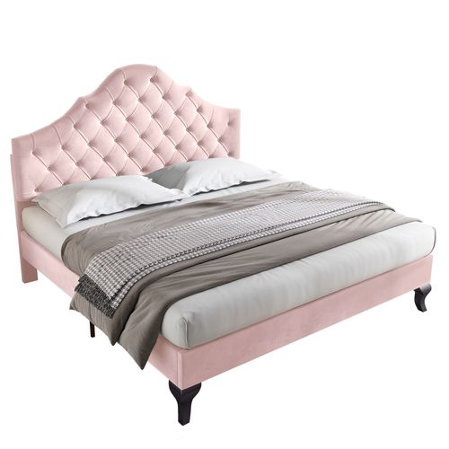 Lit Double 140x200 Cm - Lit Capitonné - Velours - Tête De Lit Ajustable - Rose