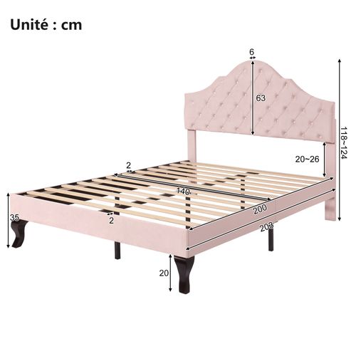 Lit Double 140x200 Cm - Lit Capitonné - Velours - Tête De Lit Ajustable - Rose
