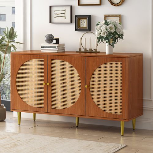 Buffet Moderne 3 Portes Rotin Avec Poignées Métalliques, Rangement Salon Ou Chambre, Marron