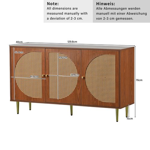 Buffet Moderne 3 Portes Rotin Avec Poignées Métalliques, Rangement Salon Ou Chambre, Marron