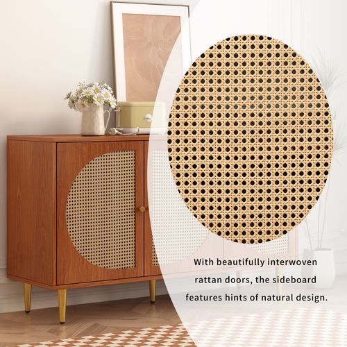 Buffet Moderne 3 Portes Rotin Avec Poignées Métalliques, Rangement Salon Ou Chambre, Marron