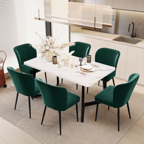 Chaises De Salle à Manger - Lot De 6 Chaises Confortables - Structure Métallique -velours Vert Foncé