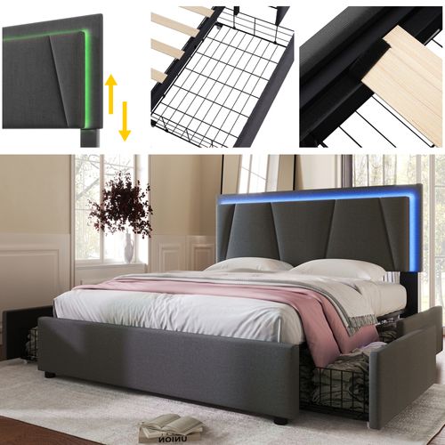 Lit Double 140x200 Cm Avec Éclairage LED Et 4 Tiroirs - Lit Capitonné Adulte Réglable - Gris
