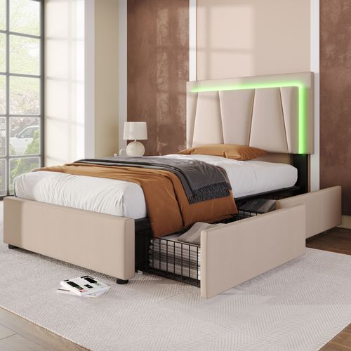 Lit Adulte 90x200 Cm - LED Intégrée - 2 Tiroirs - Lit Capitonné Réglable En Lin - Beige