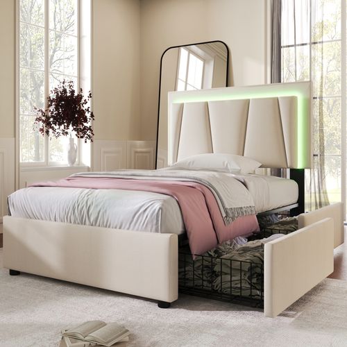 Lit Adulte 90x200 Cm - LED Intégrée - 2 Tiroirs - Lit Capitonné Réglable En Lin - Beige