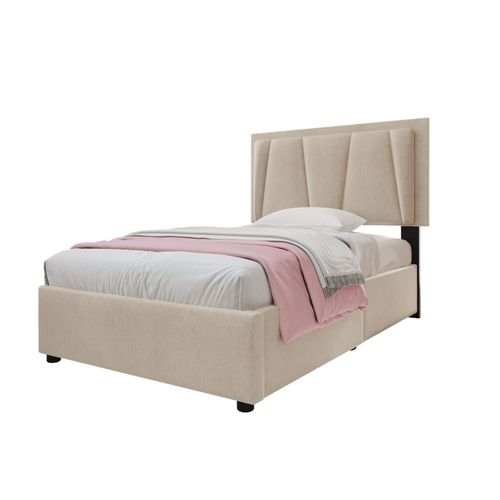 Lit Adulte 90x200 Cm - LED Intégrée - 2 Tiroirs - Lit Capitonné Réglable En Lin - Beige