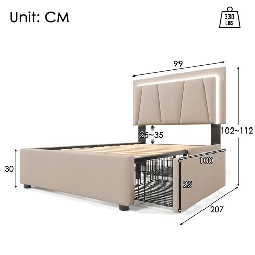 Lit Adulte 90x200 Cm - LED Intégrée - 2 Tiroirs - Lit Capitonné Réglable En Lin - Beige