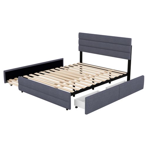 Lit Gigogne 140x200 - Lit Avec Rangement Extensible - Tiroirs Pratiques - Adulte Et Ado - Lin Gris