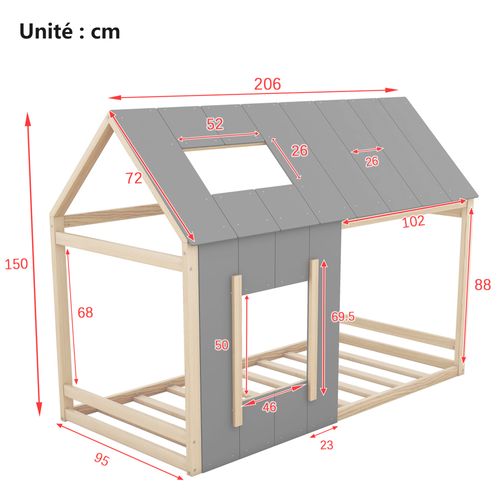 Lit Enfant 90x200 Cm - Lit Simple Cabane Avec Fenêtre Et Toit Incliné - Esthétique - Naturel