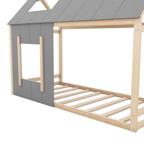 Lit Enfant 90x200 Cm - Lit Simple Cabane Avec Fenêtre Et Toit Incliné - Esthétique - Naturel