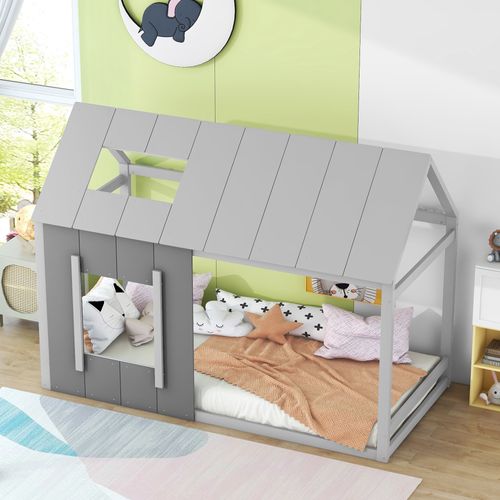 Lit Cabane Enfant 90x200 Cm - Lit Simple Avec Toit Et Fenêtre - Bois Massif Kiefer Et Mdf - Gris