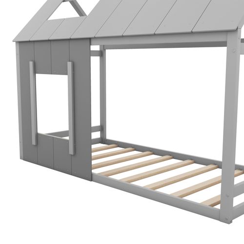Lit Cabane Enfant 90x200 Cm - Lit Simple Avec Toit Et Fenêtre - Bois Massif Kiefer Et Mdf - Gris