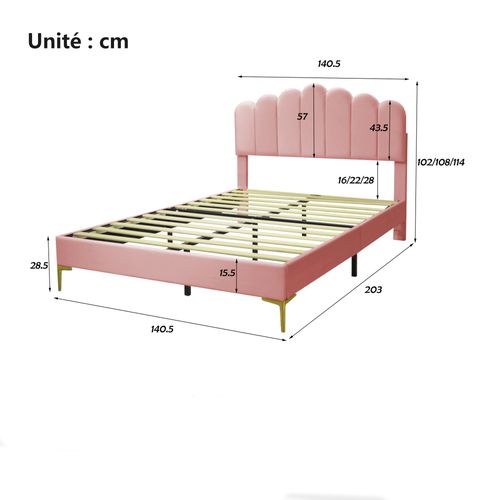 Lit Double 140x200 Cm - Lit Avec Tête De Lit Et Sommier Intégré - Velours Rose