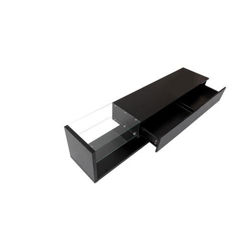 Meuble TV Bas - Portes Vitrées - LED Variable - Finition Brillante - Panneaux Particules - Noir