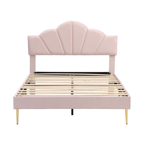 Lit Double 140x190 Cm - Lit Capitonné - Tête De Lit Réglable - Pieds Dorés - Velours - Rose