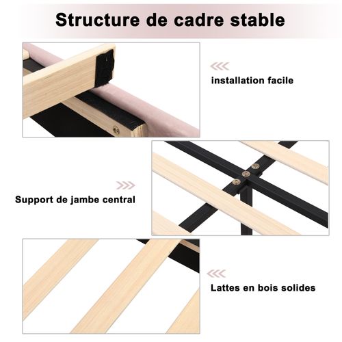 Lit Double 140x190 Cm - Lit Capitonné - Tête De Lit Réglable - Pieds Dorés - Velours - Rose