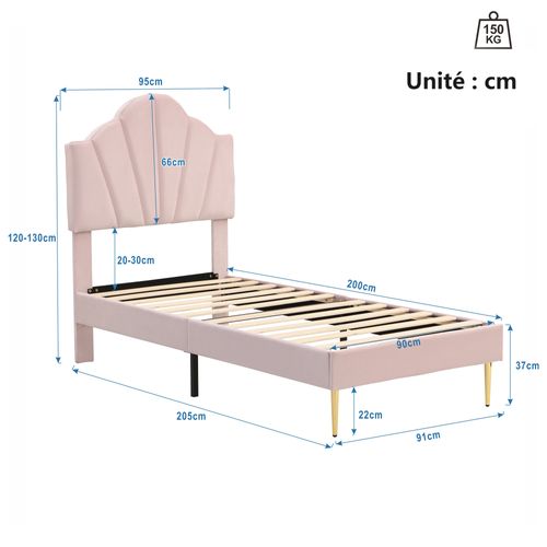 Lit Enfant 90x200 Cm - Lit Capitonné Avec Tête Coquillage Réglable - Sommier - Velours - Rose
