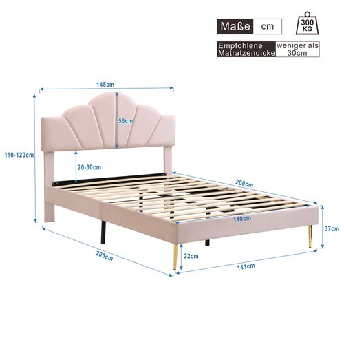 Lit Double 140x200 Cm - Lit Capitonné - Tête De Lit Coquillage Réglable - Sommier - Velours - Rose