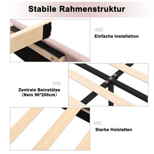 Lit Double 140x200 Cm - Lit Capitonné - Tête De Lit Coquillage Réglable - Sommier - Velours - Rose