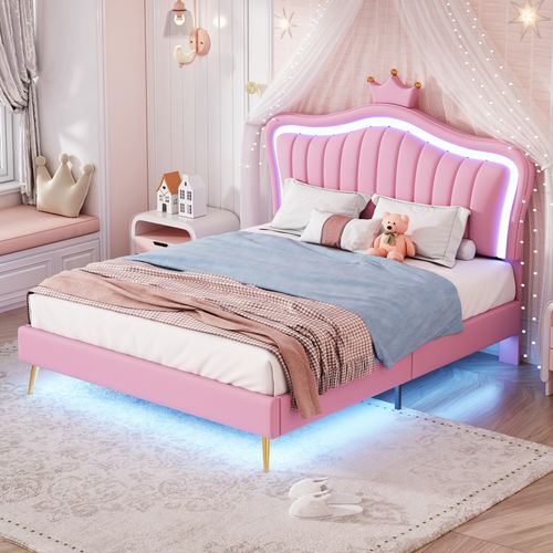 Lit Double 140x200 Cm - Lit Enfant Capitonné Avec LED Et Cadre Pu Couronne Pour Fille - Rose