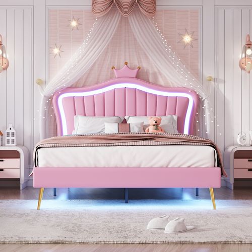 Lit Double 140x200 Cm - Lit Enfant Capitonné Avec LED Et Cadre Pu Couronne Pour Fille - Rose