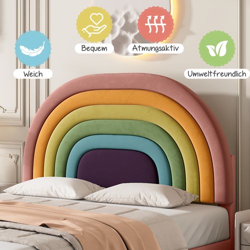 Lit Enfant Double 140x200 Cm - Lit Capitonné - Tête De Lit Arc-en-ciel Ajustable - Velours - Rose