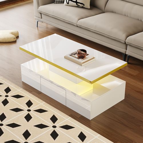 Table Basse - Avec LED - Tiroirs - Double Niveau De Rangement - Panneau De Particules - Blanc