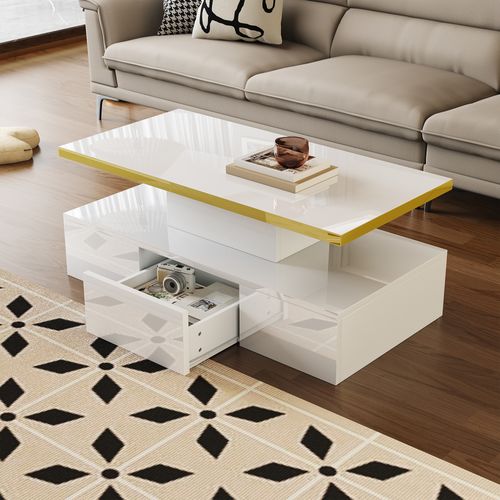 Table Basse - Avec LED - Tiroirs - Double Niveau De Rangement - Panneau De Particules - Blanc