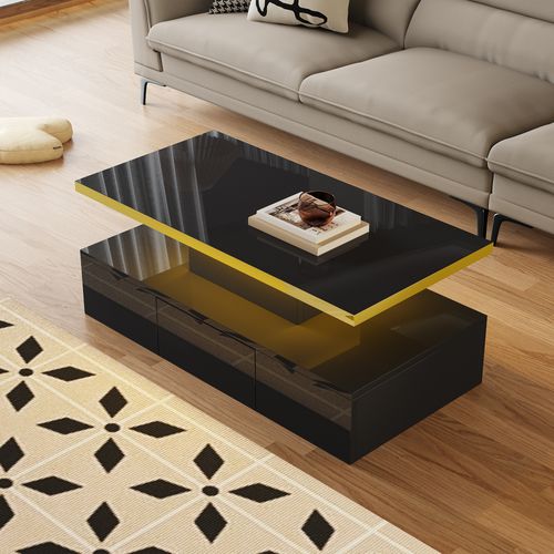 Tables Basses Noir - Table Basse Brillante Avec Éclairage LED Et Rangement à 2 Niveaux, 100x50x39 Cm