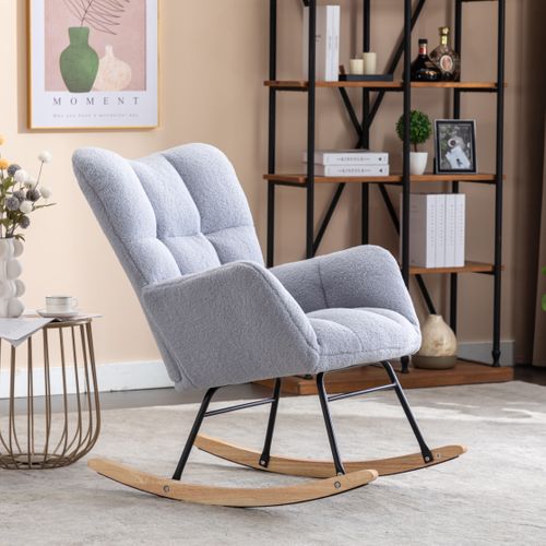 Fauteuil à Bascule Relax - Dossier Capitonné - Accoudoirs En Bois - Confort Salon - Gris Clair