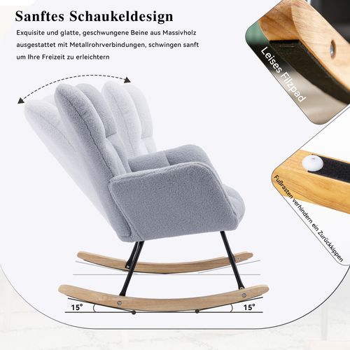 Fauteuil à Bascule Relax - Dossier Capitonné - Accoudoirs En Bois - Confort Salon - Gris Clair