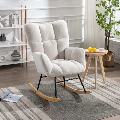 Fauteuil à Bascule Relax - Accoudoirs - Siège Rembourré -moderne Médiéval - Tissu Teddy - Blanc