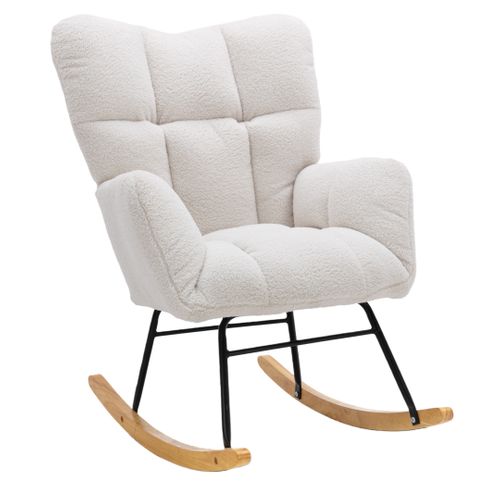Fauteuil à Bascule Relax - Accoudoirs - Siège Rembourré -moderne Médiéval - Tissu Teddy - Blanc