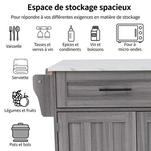 Îlot De Cuisine Mobile Avec Étagères Internes Et 2 Tiroirs Sur Roulettes - Mdf - Gris