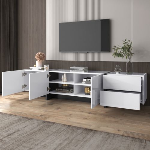 Meuble TV Bas - 3 Portes - 2 Tiroirs - Design Contemporain - Mdf Brillant - Blanc