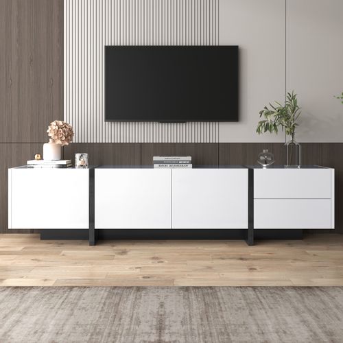 Meuble TV Bas - 3 Portes - 2 Tiroirs - Design Contemporain - Mdf Brillant - Blanc