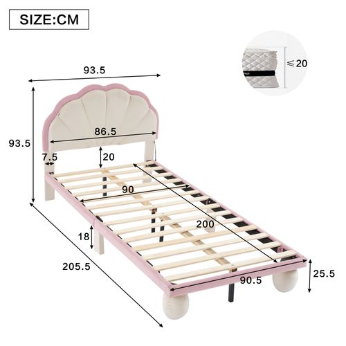 Lit Enfant 90x200 Cm - Lit Simple Avec Éclairage LED, Design Capitonné, Tissu Velours - Beige